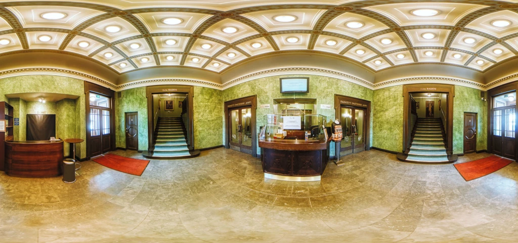 Ett 360-graders foto av biljettkassan i Åbo Svenska Teaters foajé.