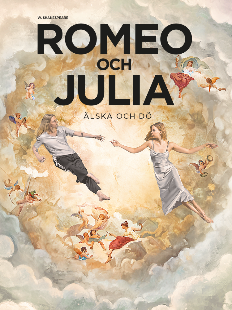 En affisch där Stora scenens takmålning syns som bakgrund för Romeo och Julia som sträcker sin händer mot varandra men inte når fram. Affischen påminner om en gammaldags målning, men Romeo och Julia är iklädda moderna kläder. På affischen står texten 