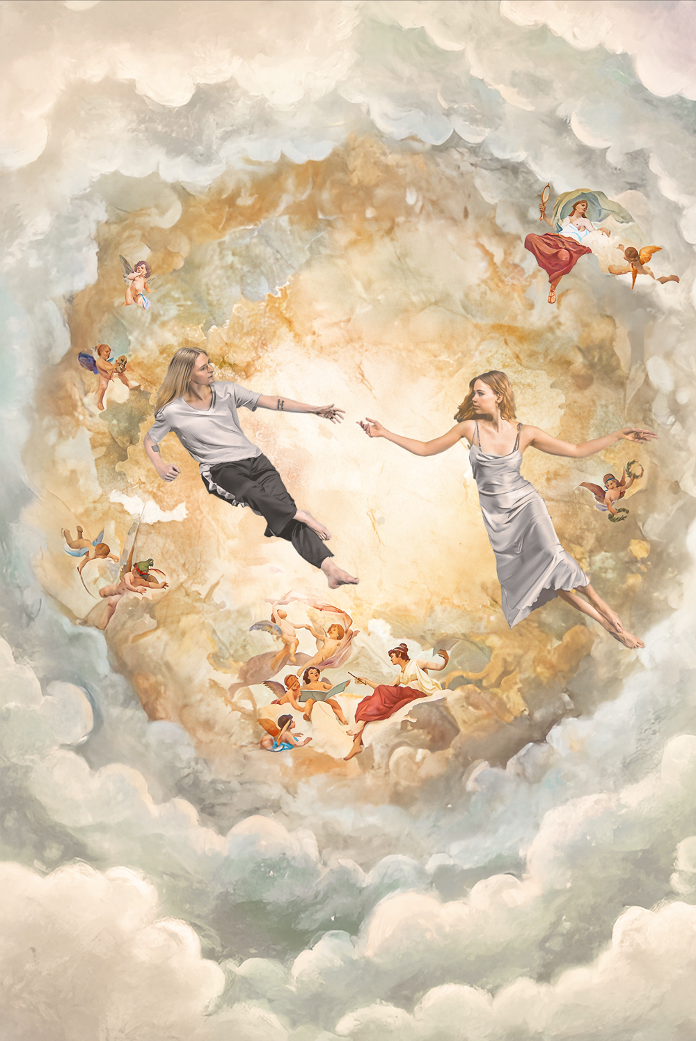 En affisch där Stora scenens takmålning syns som bakgrund för Romeo och Julia som sträcker sin händer mot varandra men inte når fram. Affischen påminner om en gammaldags målning, men Romeo och Julia är iklädda moderna kläder.