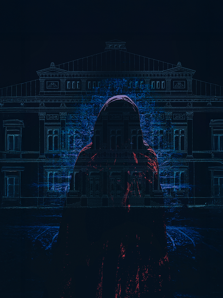 Framför en mörk bild av teaterhusets fasad syns siluetten av en figur klädd i en blodröd kåpa. Guiden som ska ta med publiken på rundvandring kanske?