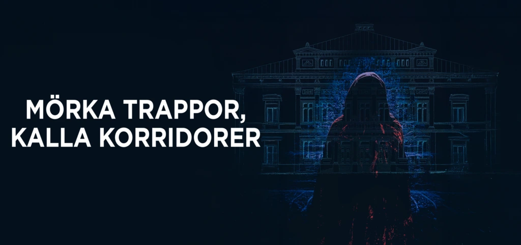 Framför en mörk bild av teaterhuset syns siluetten av en figur klädd i blodröd kåpa. Guiden som ska ta med publiken på rundvandring kanske? Bredvid bilden finns texten 